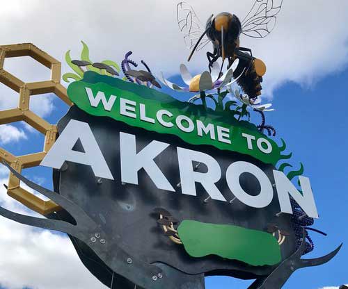 The sign of Akron, OH where Ohio Garage Door Repair provides services