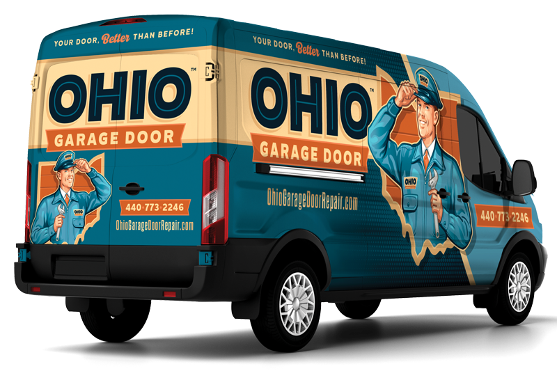 The isolated image of the rear quarter of passenger side view of Ohio Garage Door Repair service truck